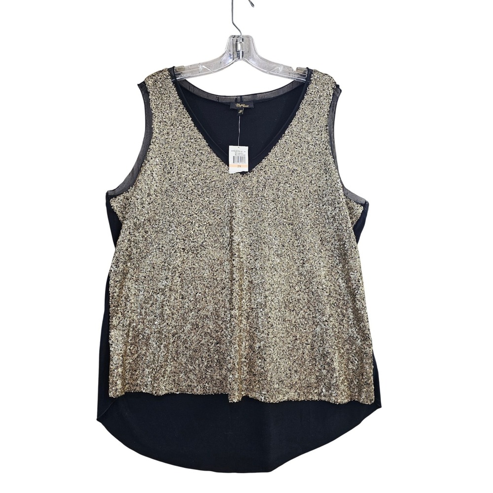 Cupio Sequin Tank Top Womens 2X‎ Black Gold Solid Mesh Trim V-Neck High Low Hem
